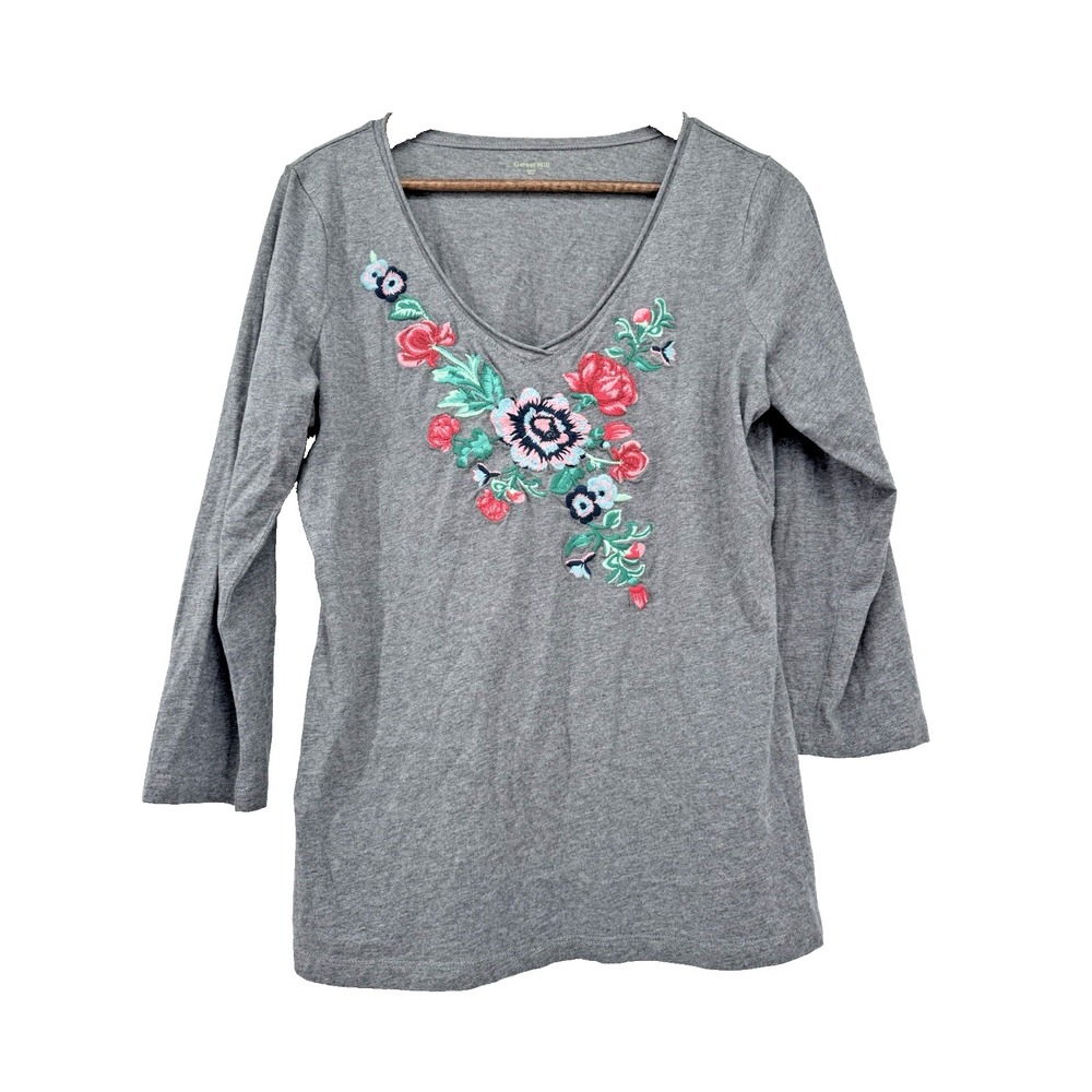Garnet Hill L Gray Floral Embroidered V-Neck 3/4 Sleeve country cottage boho